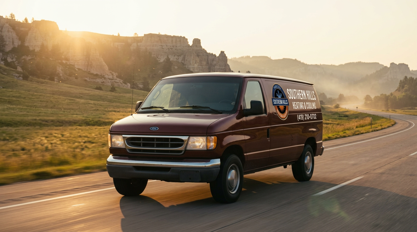 Maroon Southern Hills Heating & Cooling van driving through Minnekahta Valley toward Hot Springs at golden hour